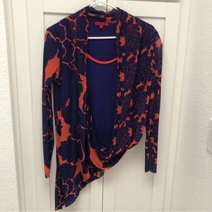 Vivienne Tam Assymetrical Orange Indigo Long Sleeve Printed Blouse Small Petite